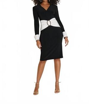 NEW JOSEPH RIBKOFF silky stretch taffeta knee-length sheath dress in black/vanil